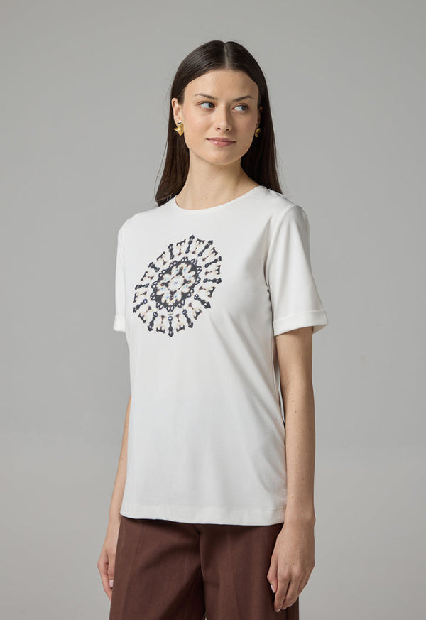 Choice Crystal Embellished Printed Motif T-Shirt Off White