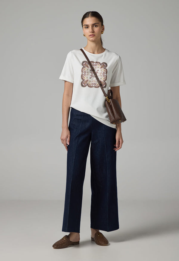 Choice Printed Motif Crystal Embellished T-Shirt Off White