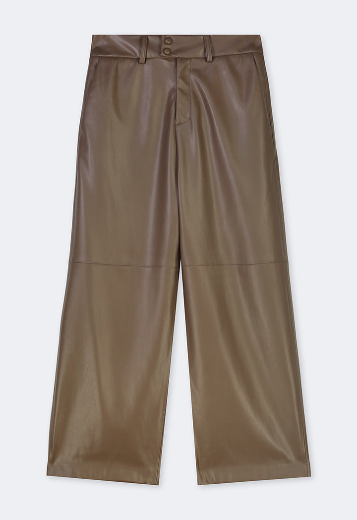 Choice Solid Pu Leather Wide Legs Trousers Khaki