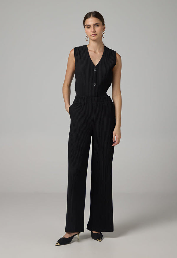 Choice Wide Leg Pleated Solid Trousers Black