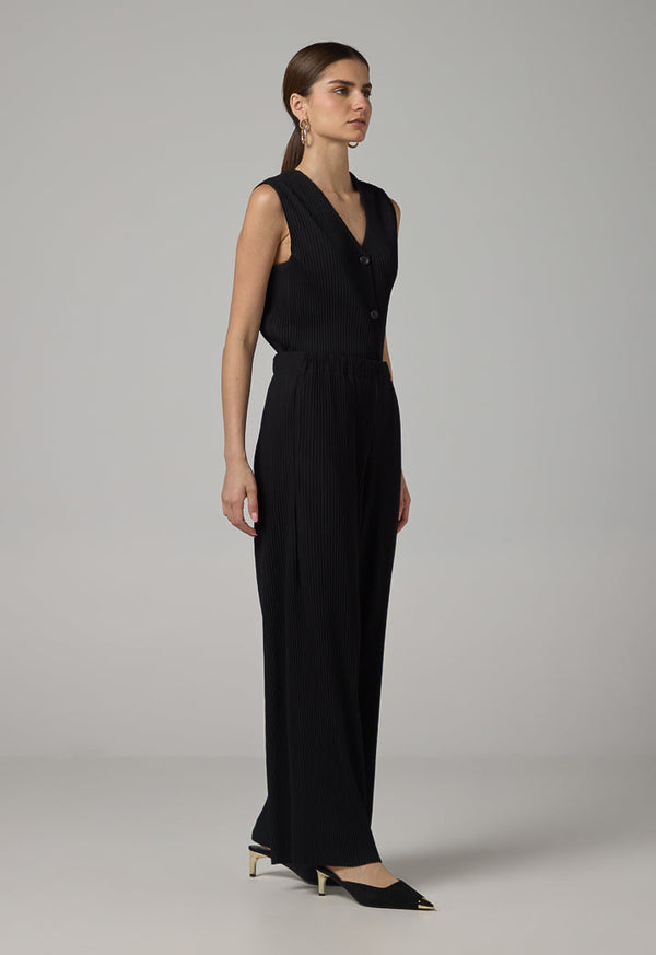 Choice Wide Leg Pleated Solid Trousers Black