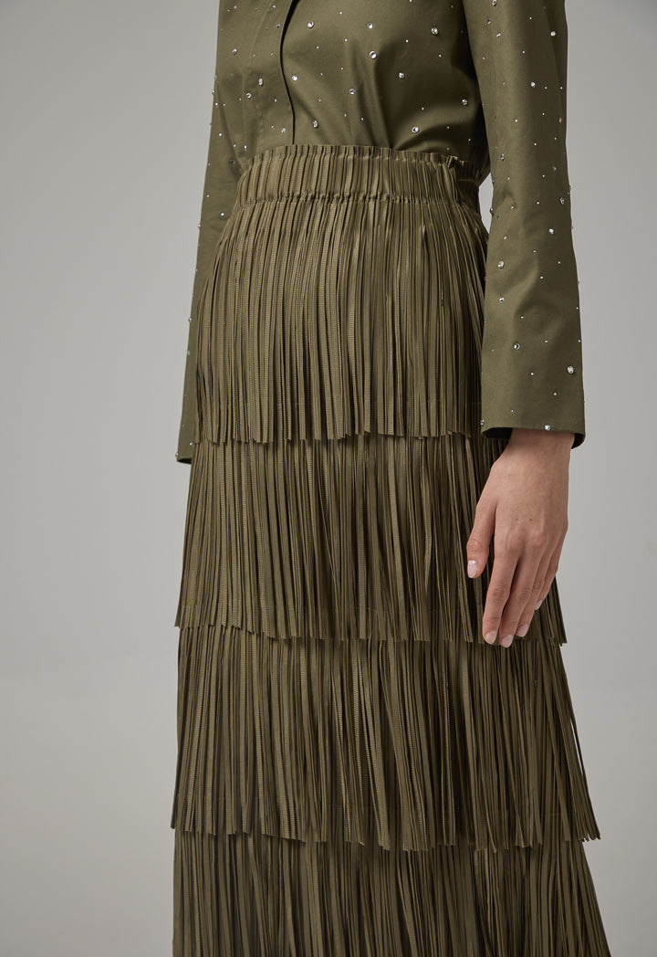 Choice Solid Fringe Maxi Skirt Khaki