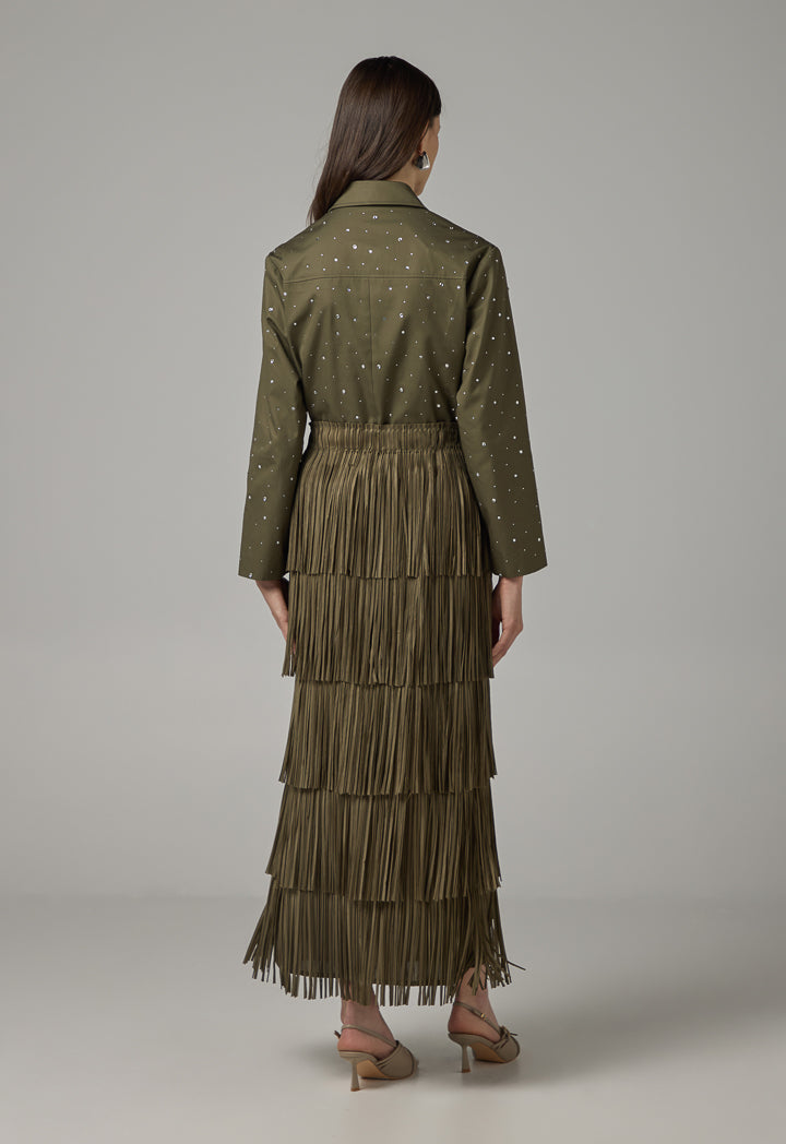 Choice Solid Fringe Maxi Skirt Khaki