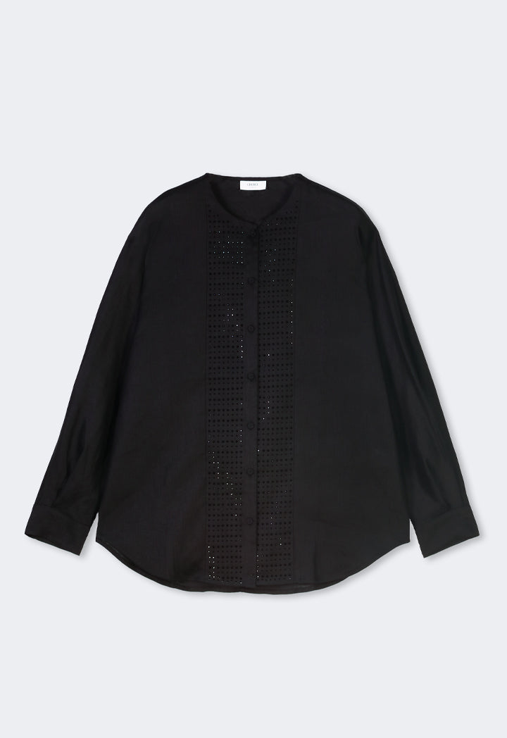 Choice Long Kimono Sleeves Linen Shirt Black