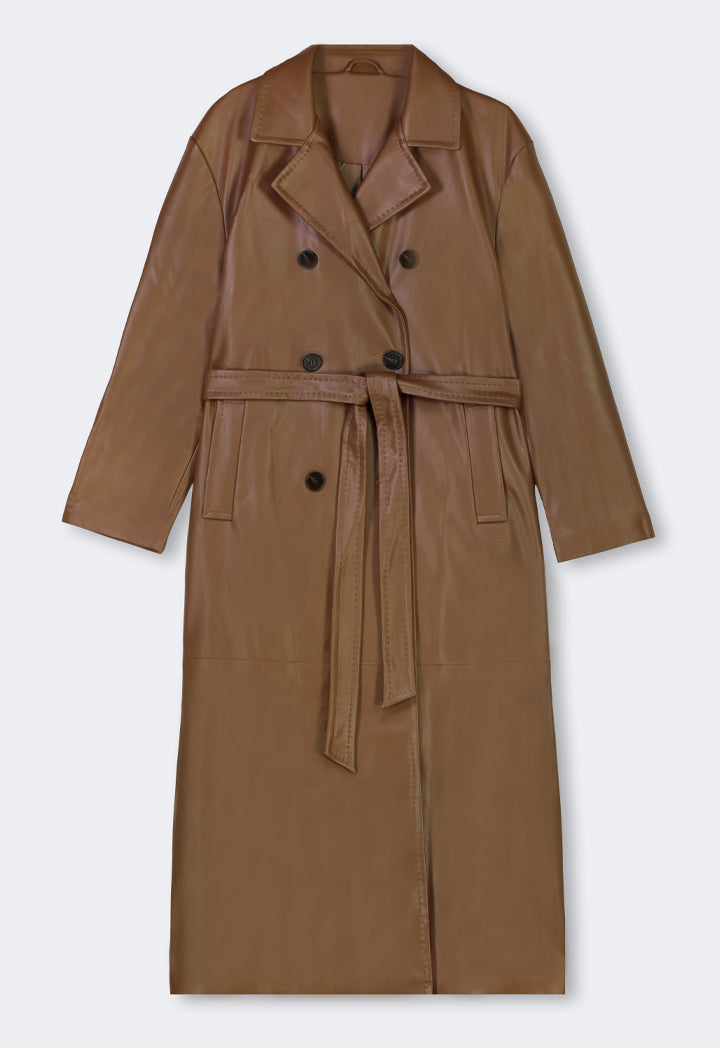 Choice Pu Leather Belted Maxi Trench Coat Brown