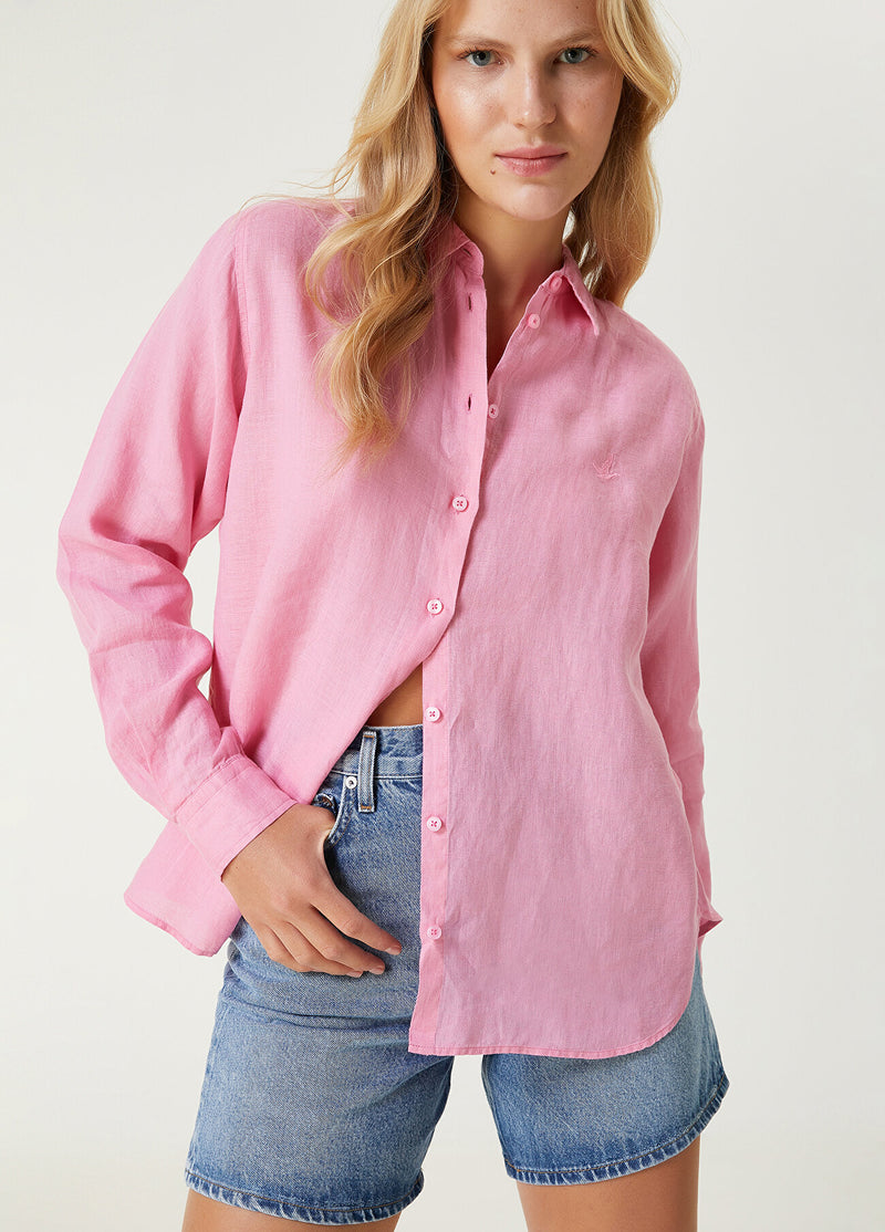 Beymen Club Linen Shirt With Bird Logo Pink