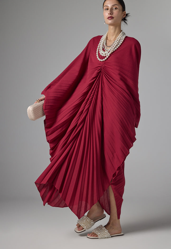 Choice Solid Pleated Dress Burgundy