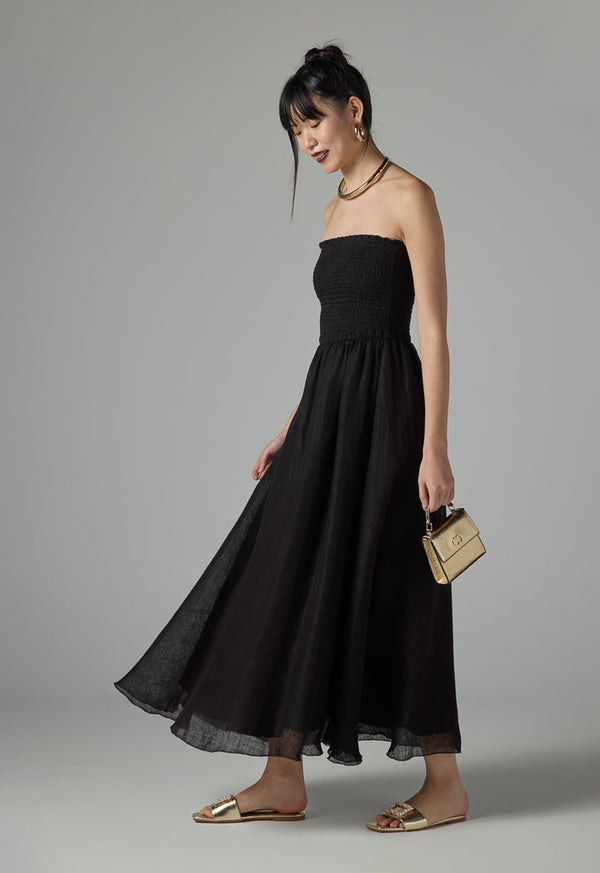 Choice Solid Flared Smocked Dress - Ramadan Style Black