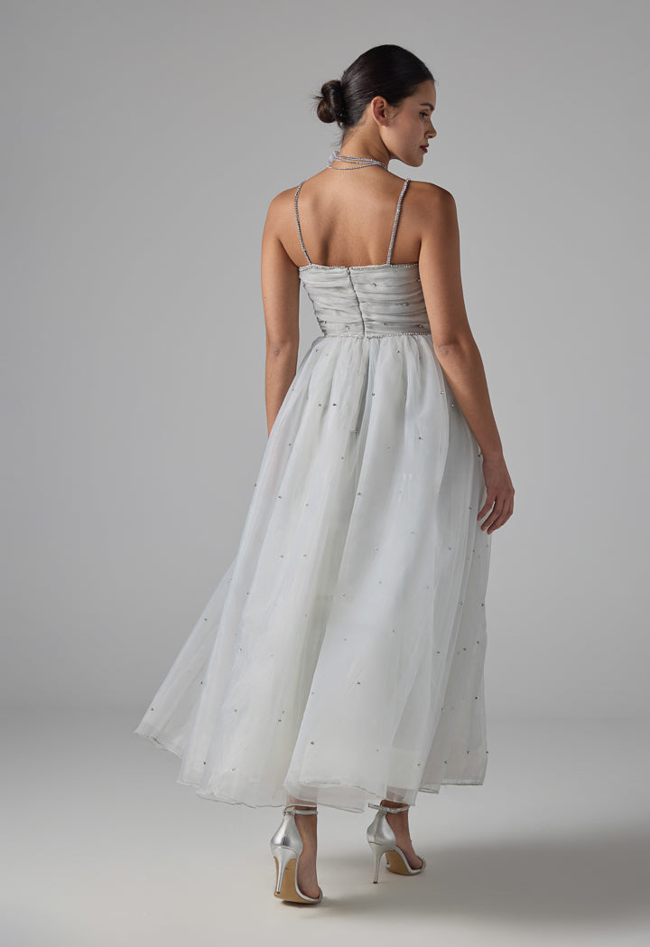 Choice Multi-Layered Crystal Embellished Organza Dress Light Grey
