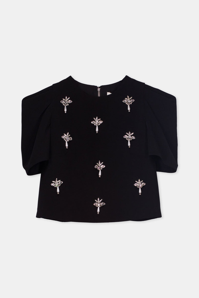 Nean Embellished Puff Sleeve Crop Top Black