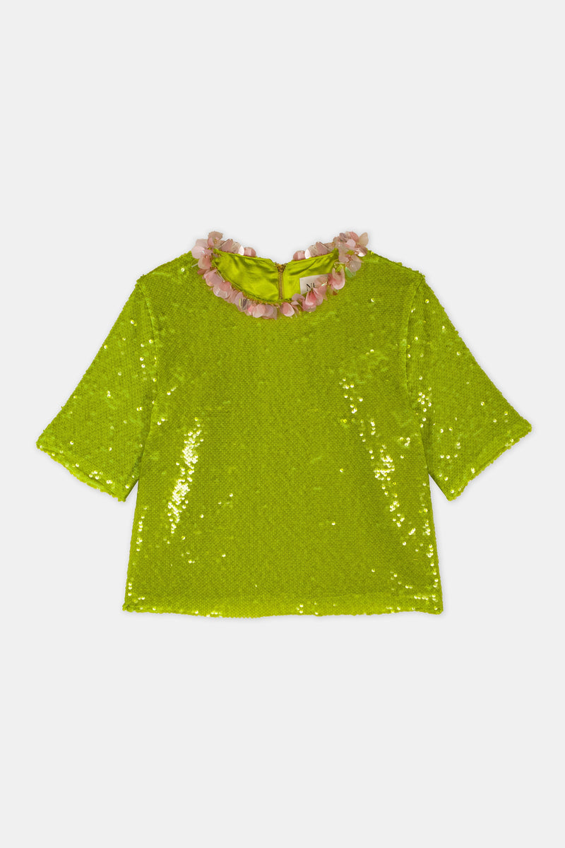 Nean Sequin Floral Collar Top Light Green