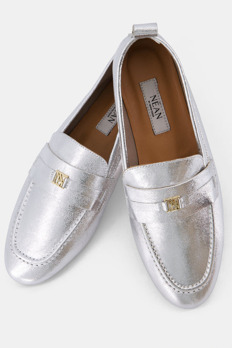 Nean Leather Metallic Embellished Charms Loafers Silver