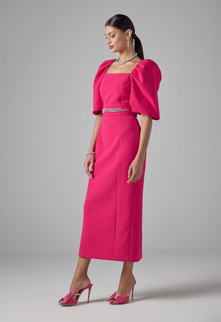 Choice Single Tone Puff Sleeves Belted Dress Fuchsia