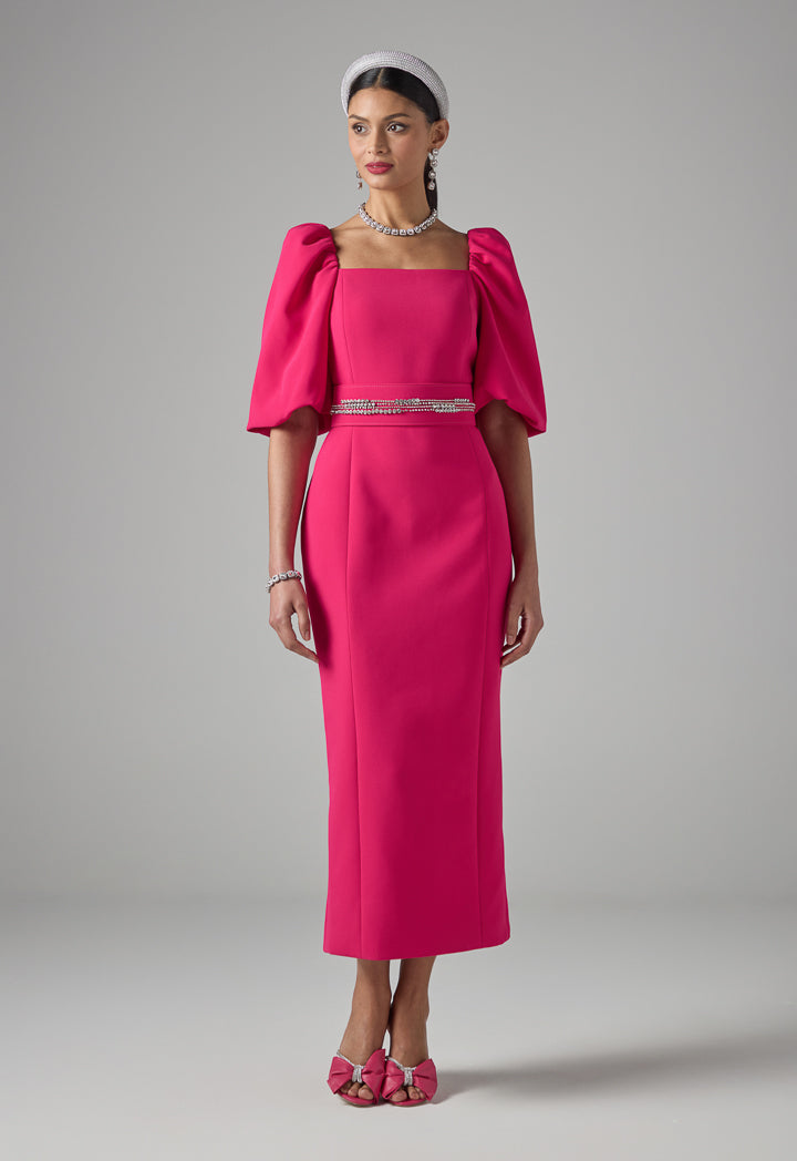 Choice Single Tone Puff Sleeves Belted Dress Fuchsia