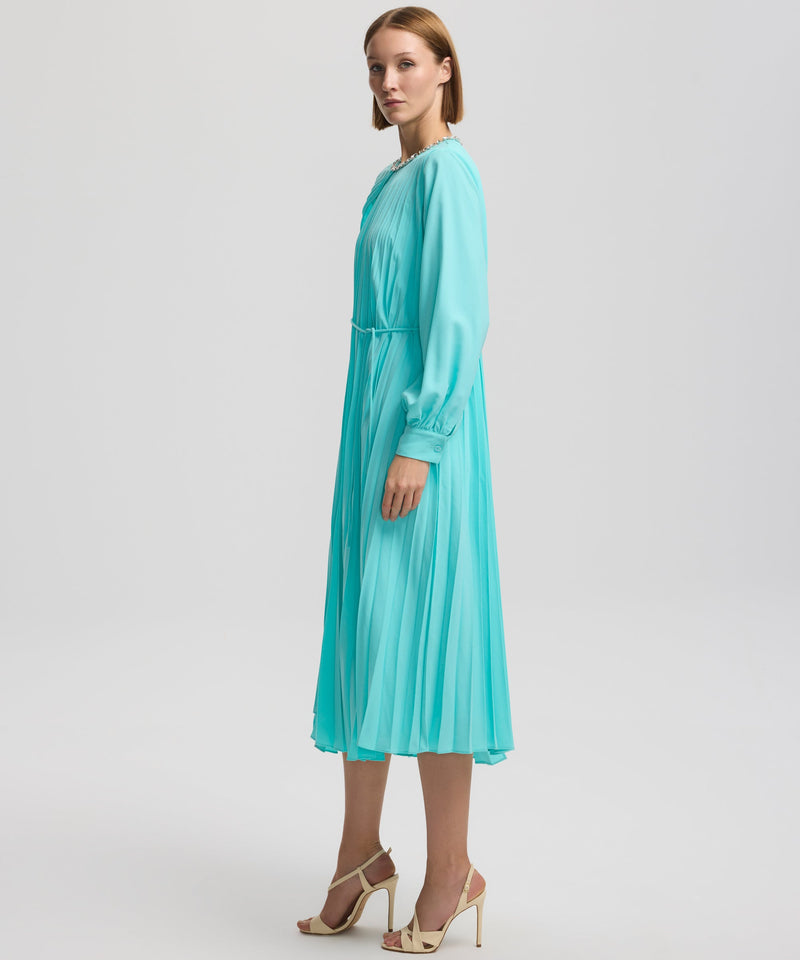 Ipekyol Jewel Neck Asymmetrical Pleated Dress Turquoise