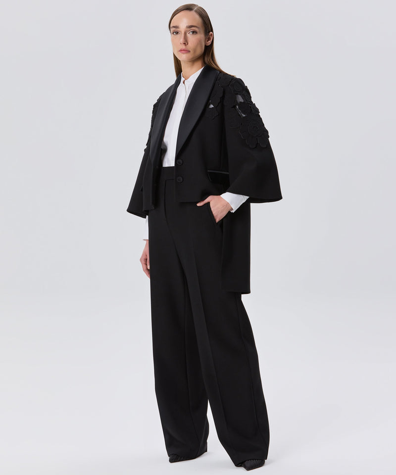 Machka Flower-Embroidered Long Back Jacket Black