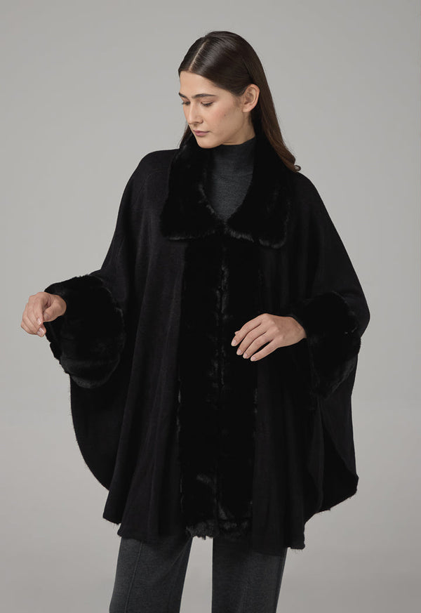 Choice Faux Fur Collar Poncho Black