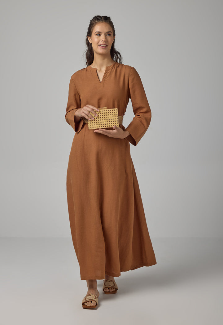 Choice Solid Flared Belted Dress Caramel