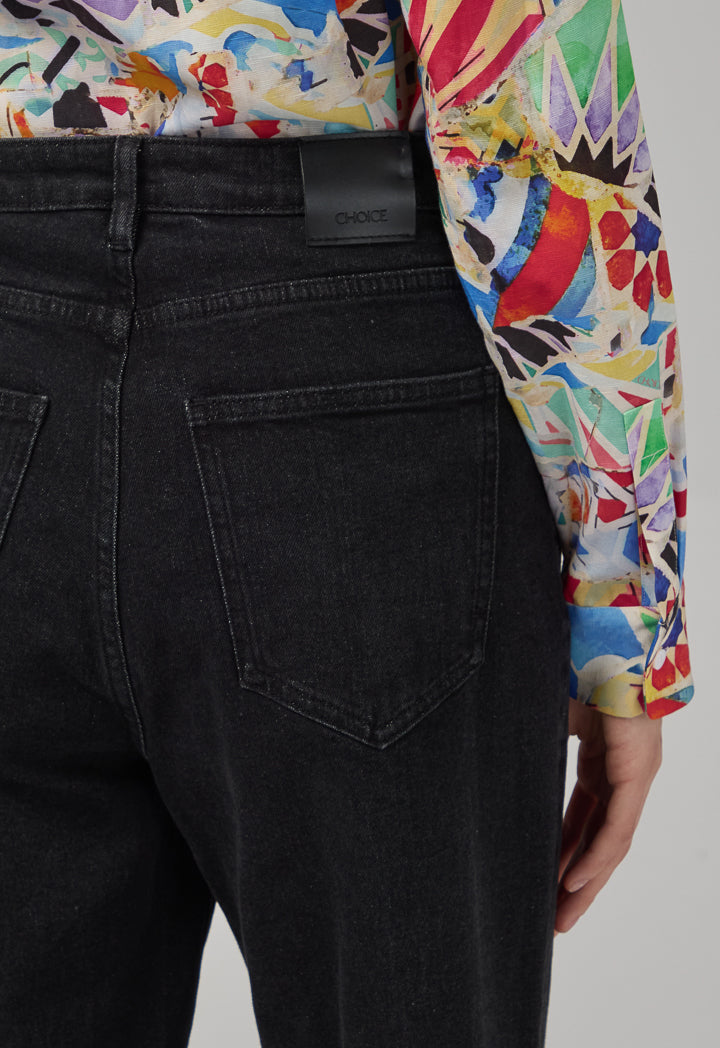 Choice Folded Hem Wide Leg Denim Trousers Black