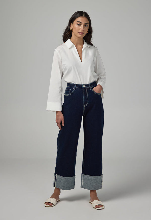 Choice Folded Hem Wide Leg Denim Trousers Indigo