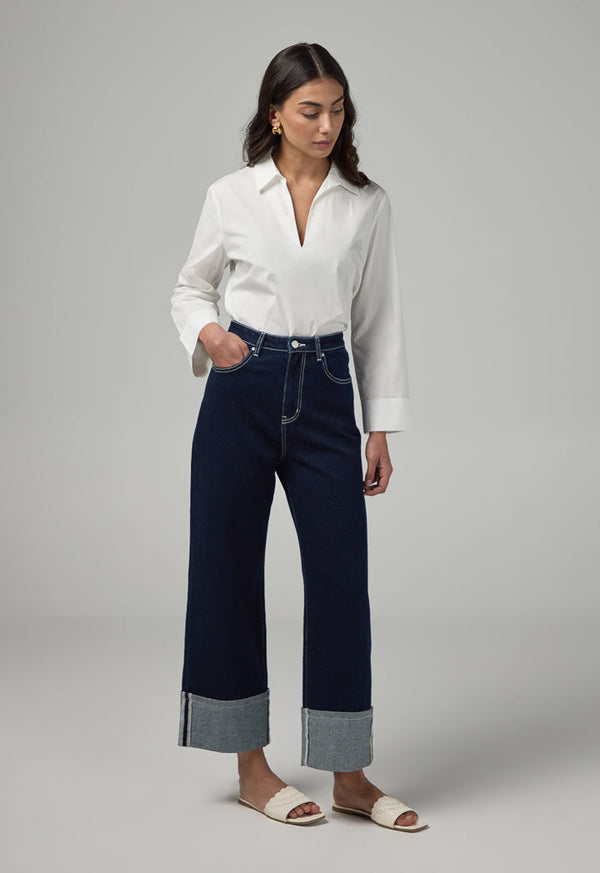 Choice Folded Hem Wide Leg Denim Trousers Indigo