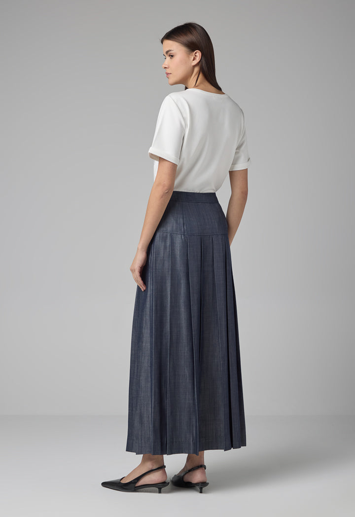 Choice Single Tone Pleated Flared Maxi Skirt Indigo