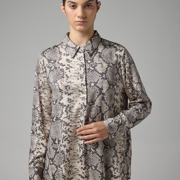 Choice Half Buttons Snake Printed Shirt Beige - Black