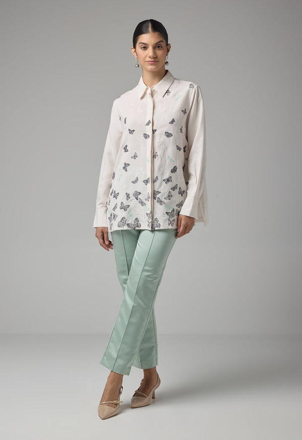 Choice Butterfly Embroidered Long Sleeves Shirt Beige