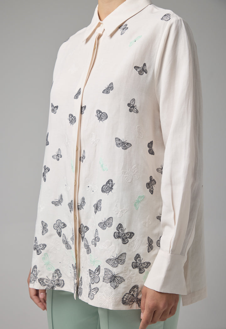 Choice Butterfly Embroidered Long Sleeves Shirt Beige