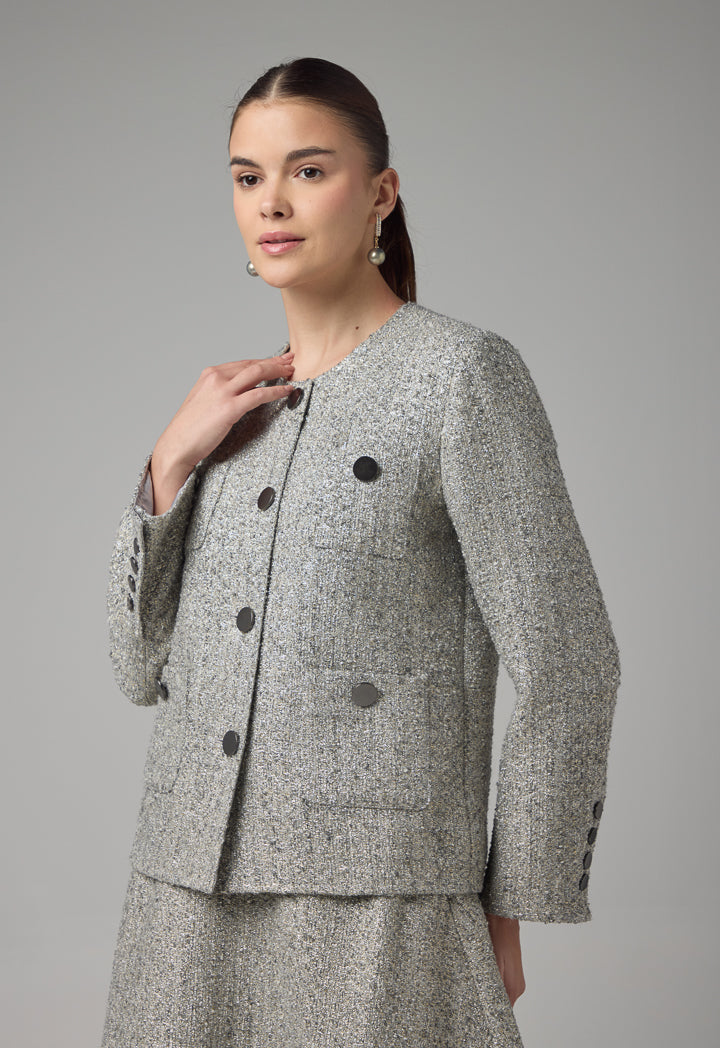 Choice Multi Front Pockets Tweed Lurex Jacket Grey