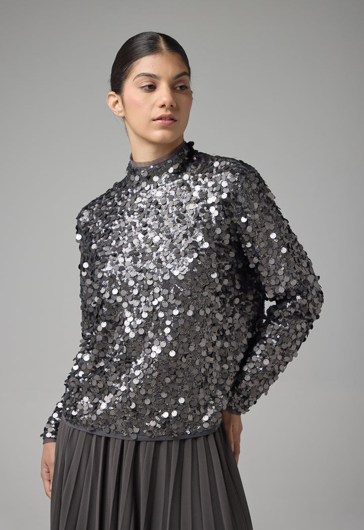 Choice Long Sleeve Sequin Blouse  Grey