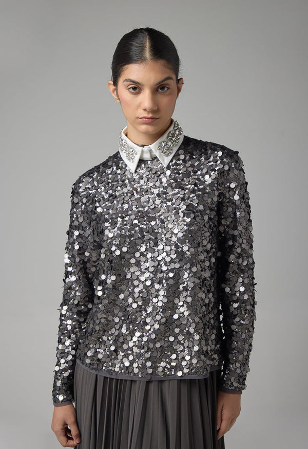 Choice Long Sleeve Sequin Blouse  Grey