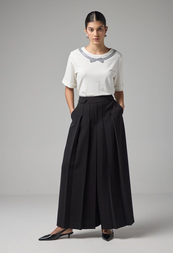 Choice Wide Legs Pleated Basic Culottes Black