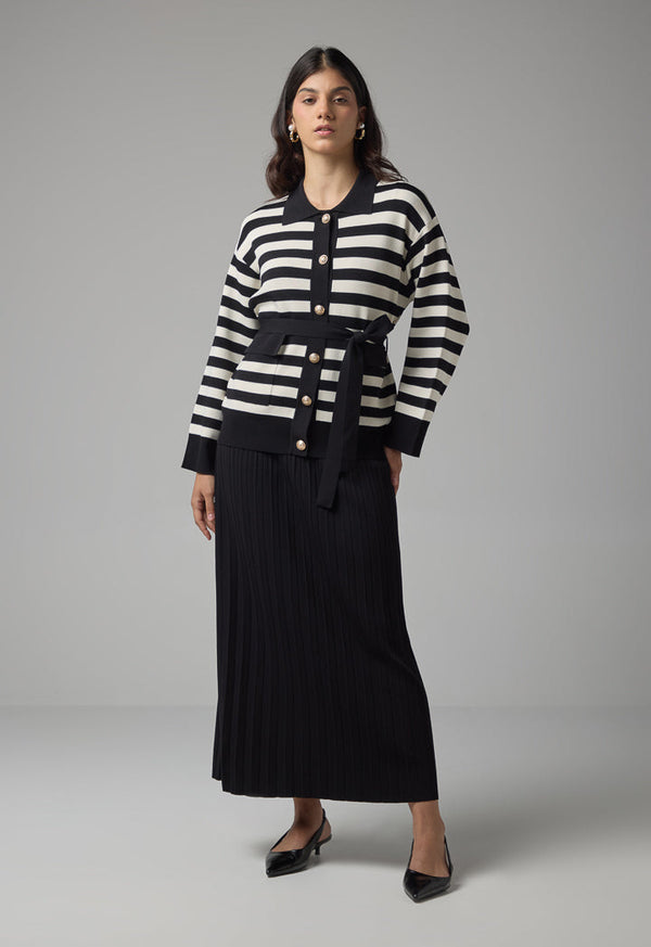 Choice Two-Tone Knitted Belted Cardigan Offwhite/Black