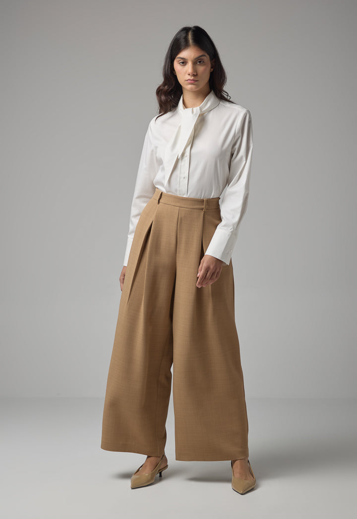 Choice Solid Wide Legs Pleated Culottes Camel