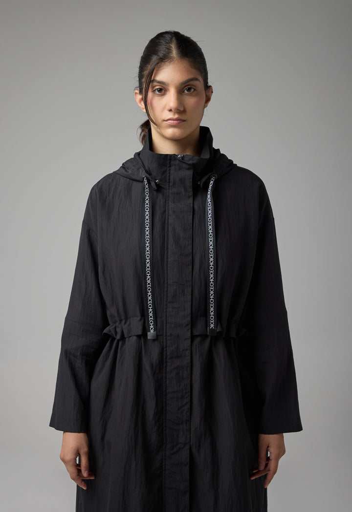 Choice Solid Hooded Neck Midi Jacket Black