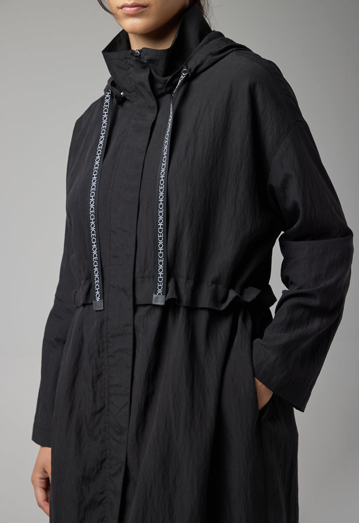 Choice Solid Hooded Neck Midi Jacket Black