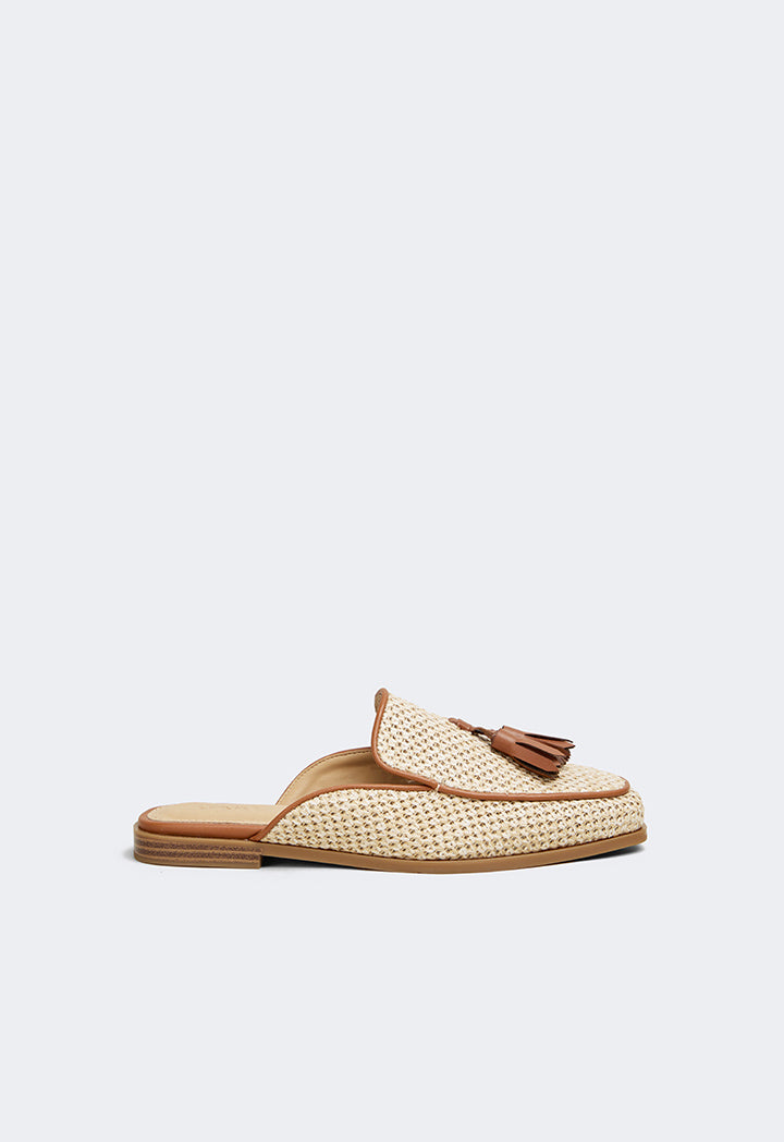 Choice Intricate Faux Straw Mules Camel