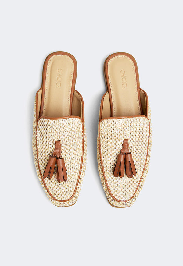 Choice Intricate Faux Straw Mules Camel