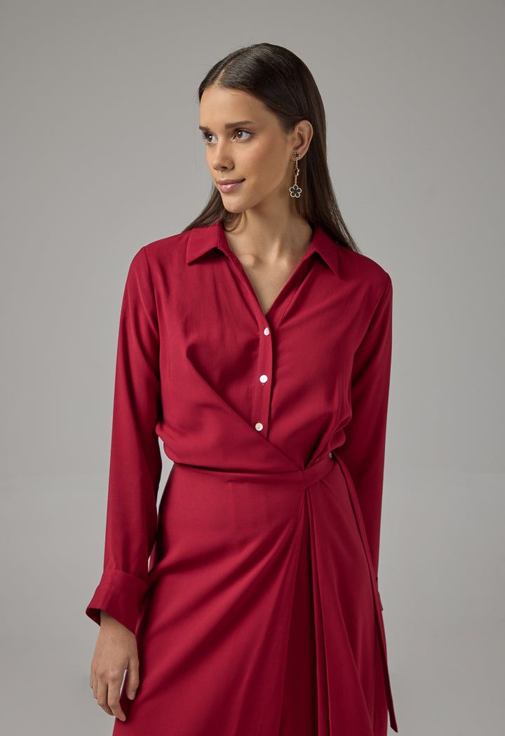 Choice Drawstring Waist Maxi Shirt Dress Burgundy