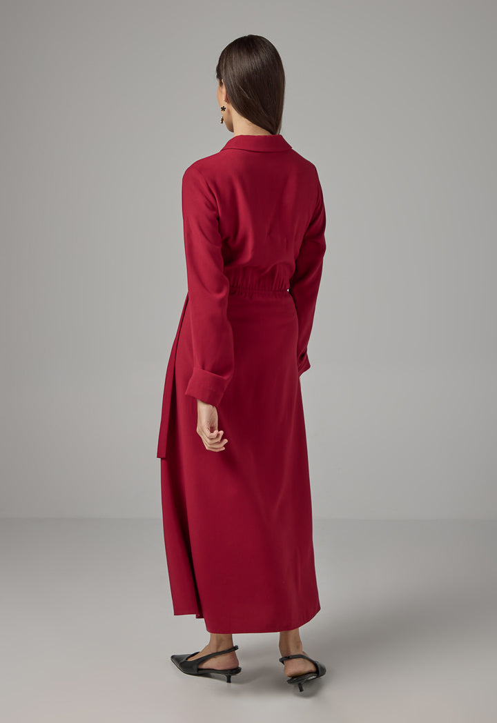 Choice Drawstring Waist Maxi Shirt Dress Burgundy