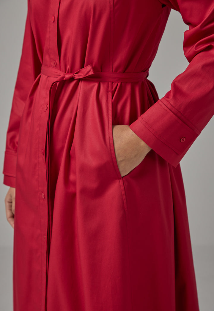 Choice Solid Mandarin Collar Maxi Dress Red