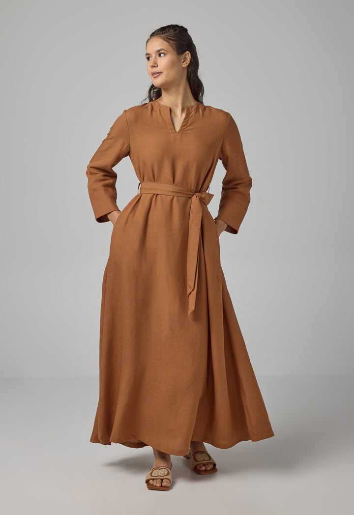 Choice Solid Flared Belted Dress Caramel