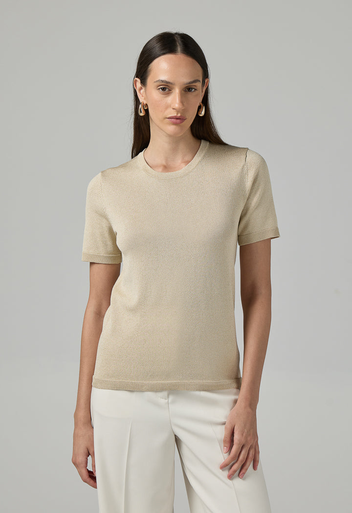Choice Short Sleeves Knitted Lurex T-Shirt Beige