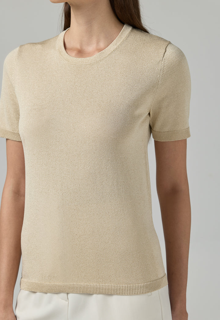 Choice Short Sleeves Knitted Lurex T-Shirt Beige