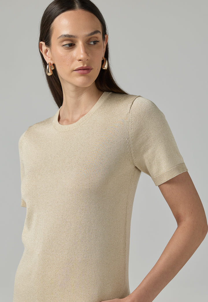 Choice Short Sleeves Knitted Lurex T-Shirt Beige