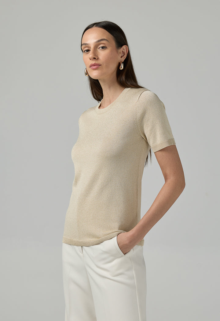 Choice Short Sleeves Knitted Lurex T-Shirt Beige