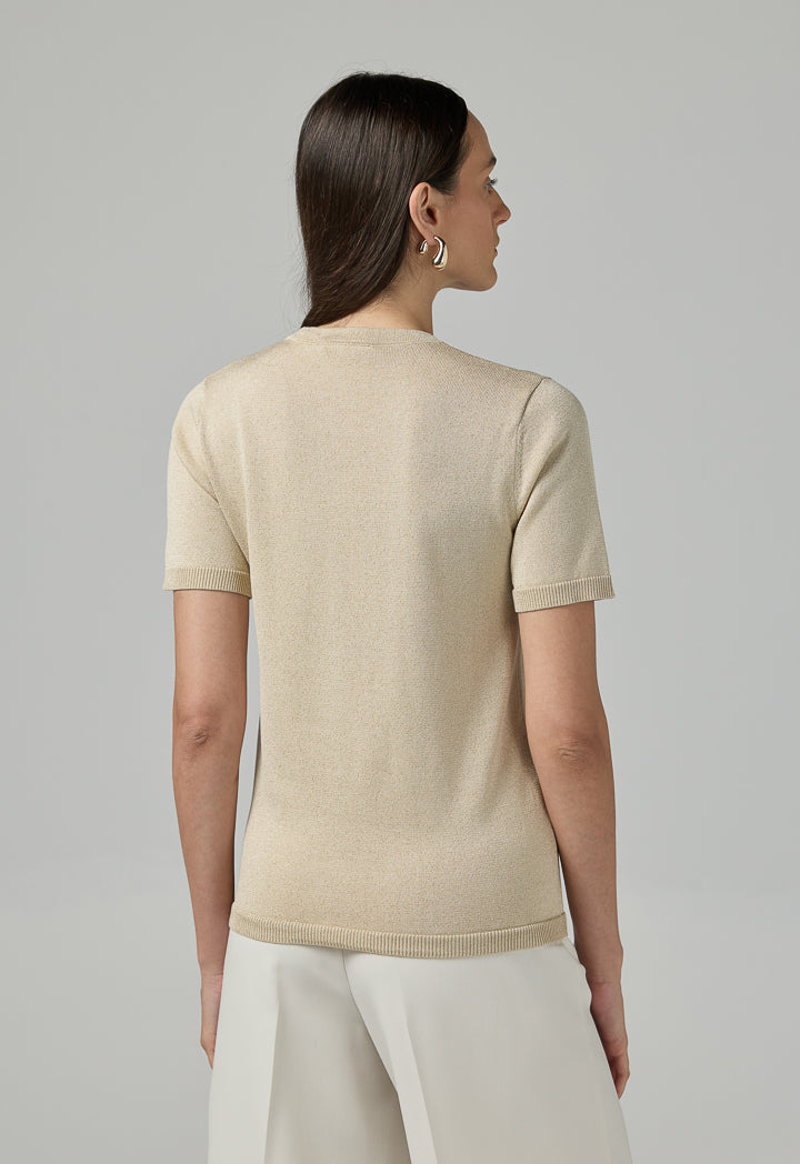 Choice Short Sleeves Knitted Lurex T-Shirt Beige
