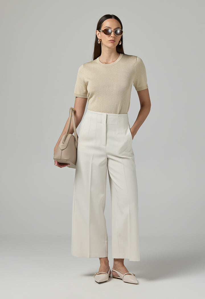 Choice Short Sleeves Knitted Lurex T-Shirt Beige