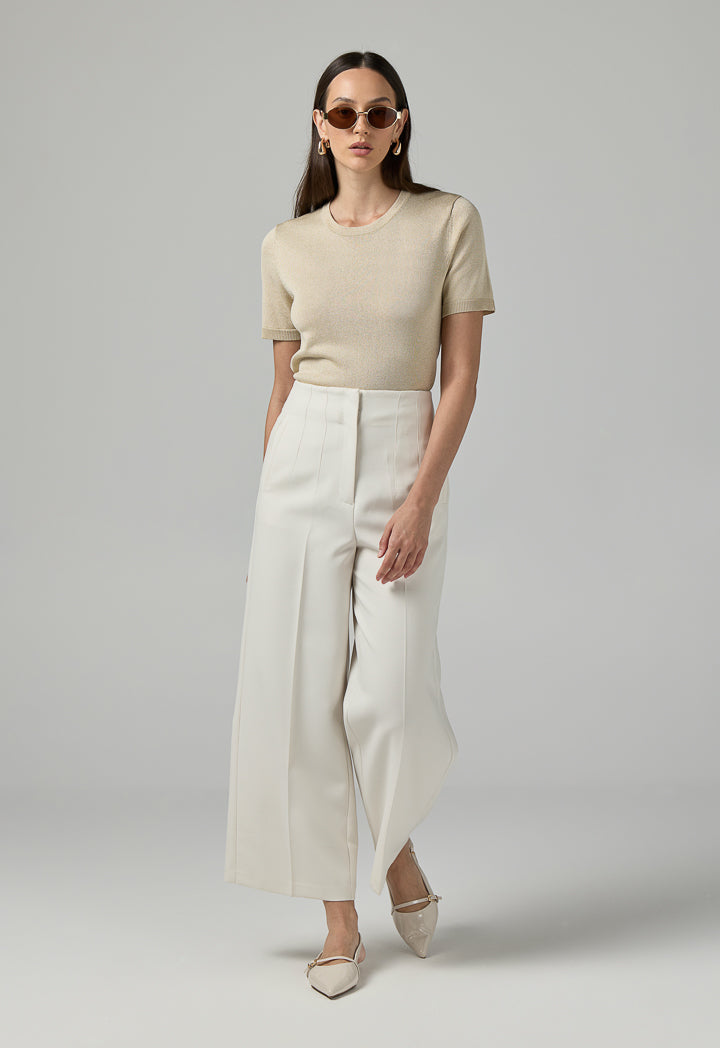 Choice Short Sleeves Knitted Lurex T-Shirt Beige